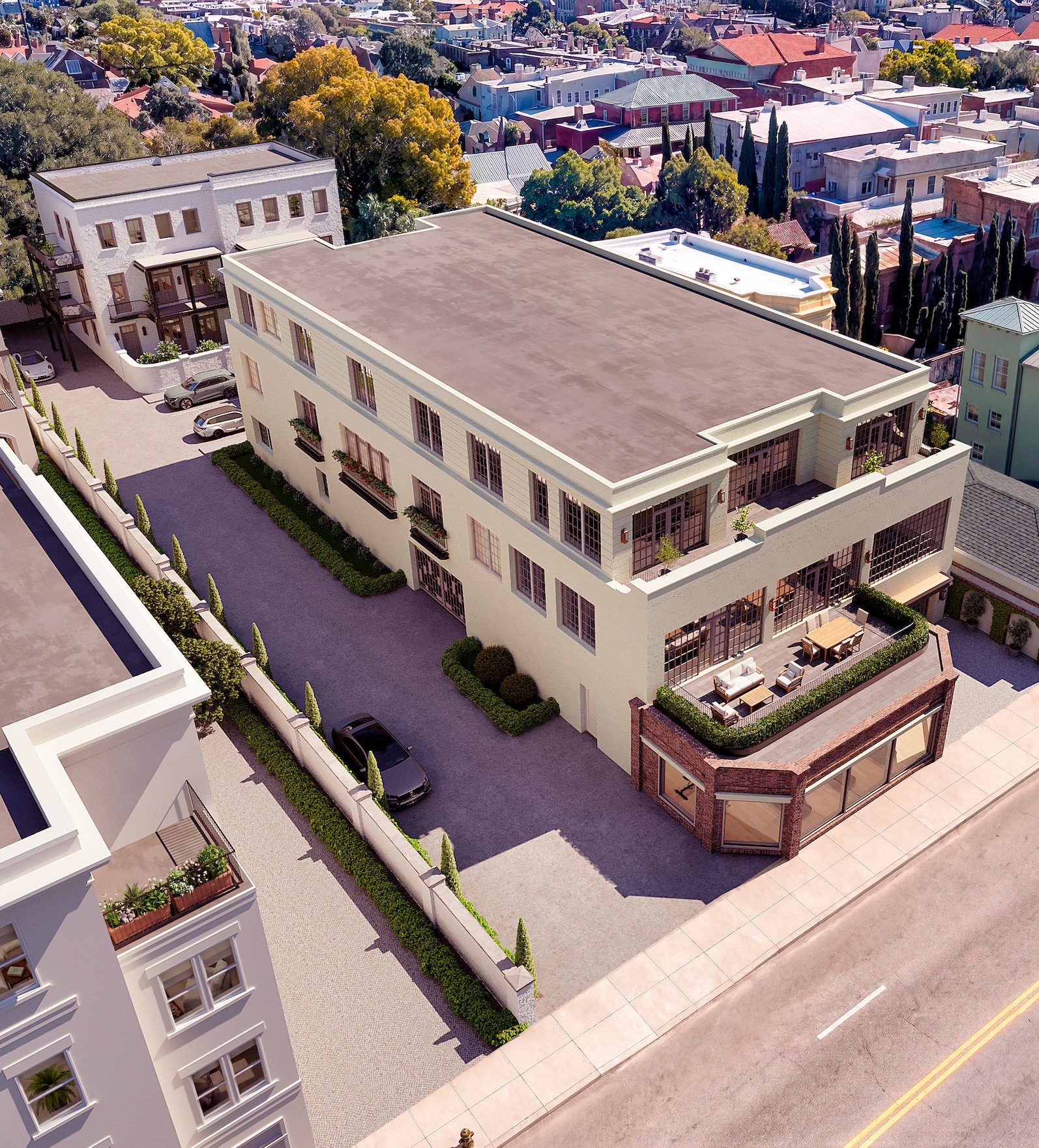Aerial rendering of 280 Meeting Street — main building and rear townhouses, Charleston