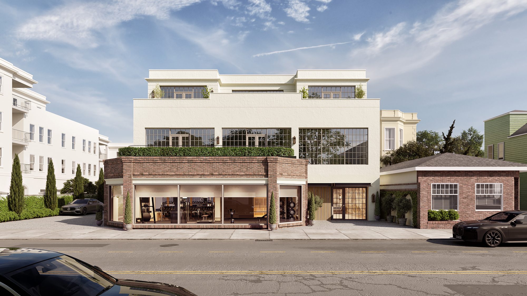 Front elevation of 280 Meeting Street, facing the main entry and storefront bay